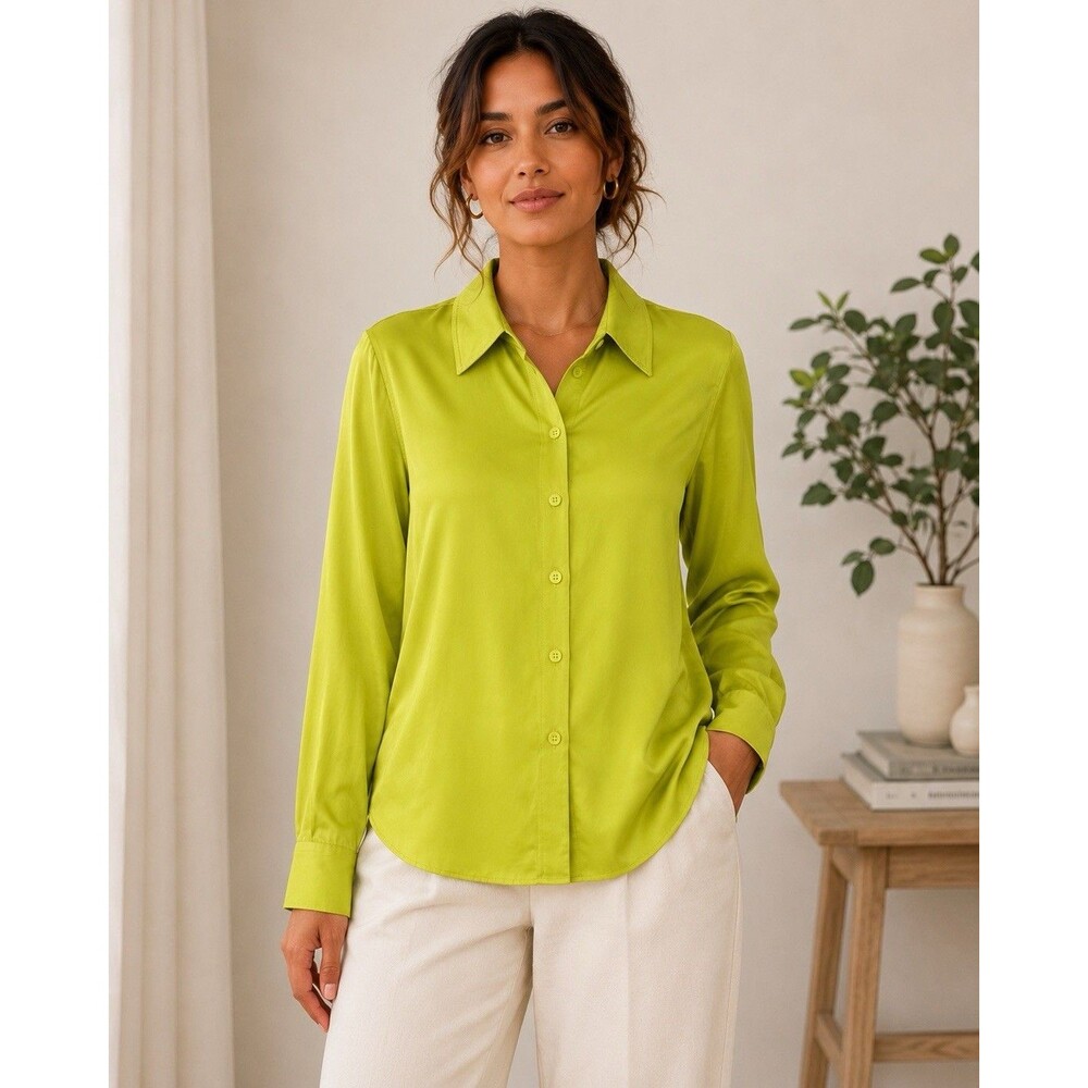 Zara Lime Green Satin Button-Up Blouse Size XL Long Sleeve